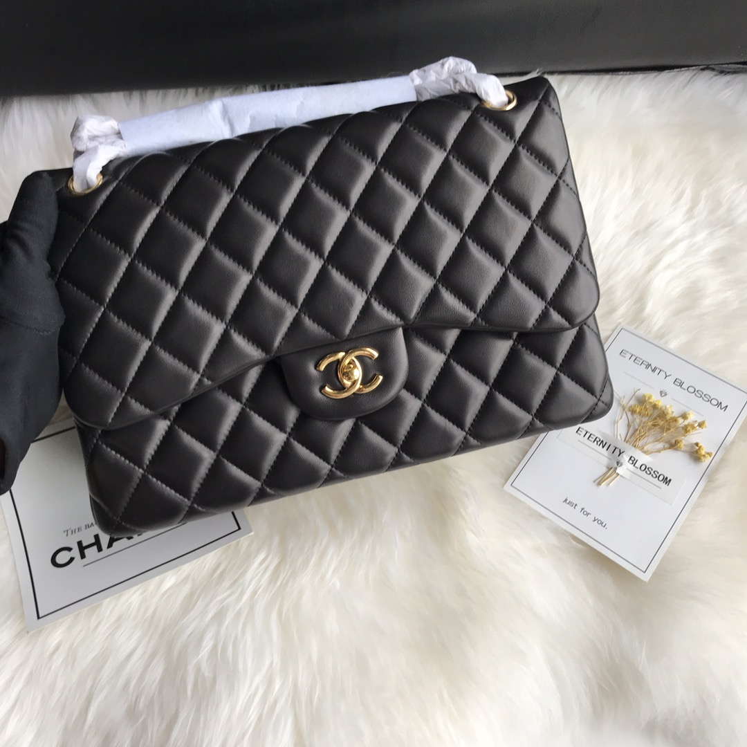 Chanel CF A01113 Jumbo Classic Flap Bag in Black Lambskin Gold - Default Title - View 2