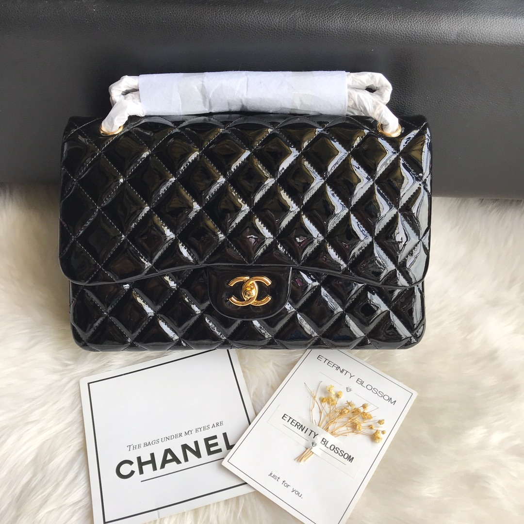 Chanel CF A01113 Jumbo Classic Flap Bag in Black Patent leather Gold - Default Title - View 1