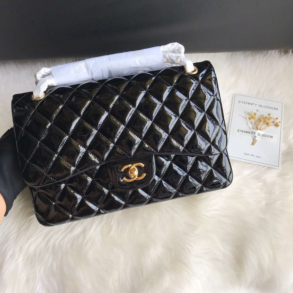 Chanel CF A01113 Jumbo Classic Flap Bag in Black Patent leather Gold