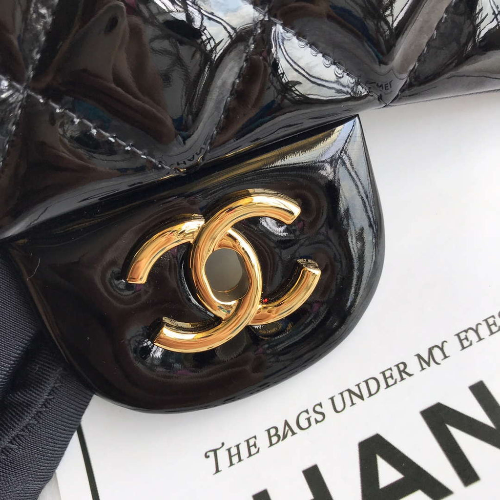 Chanel CF A01113 Jumbo Classic Flap Bag in Black Patent leather Gold