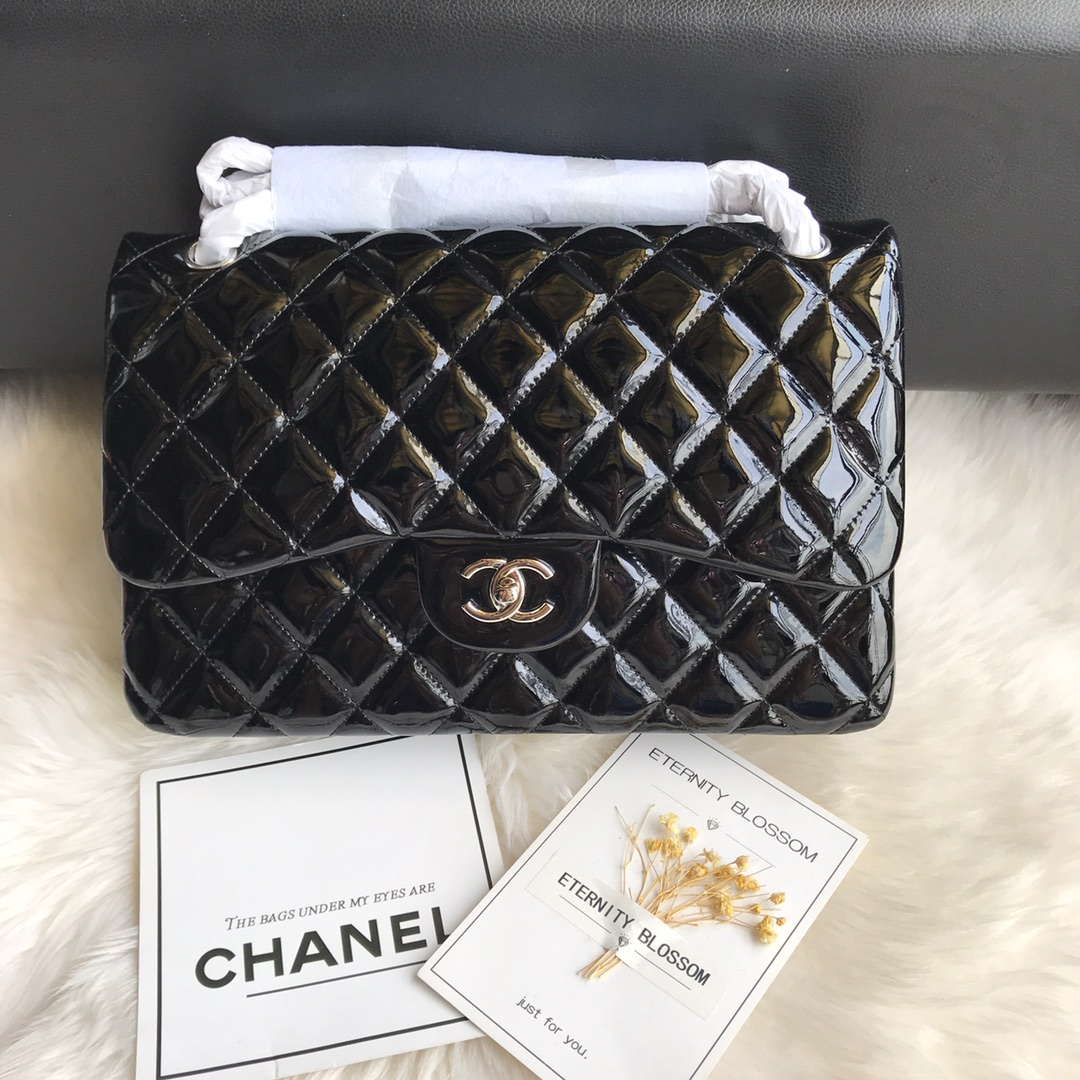 Chanel CF A01113 Jumbo Classic Flap Bag in Black Patent leather Silver - Default Title - View 1