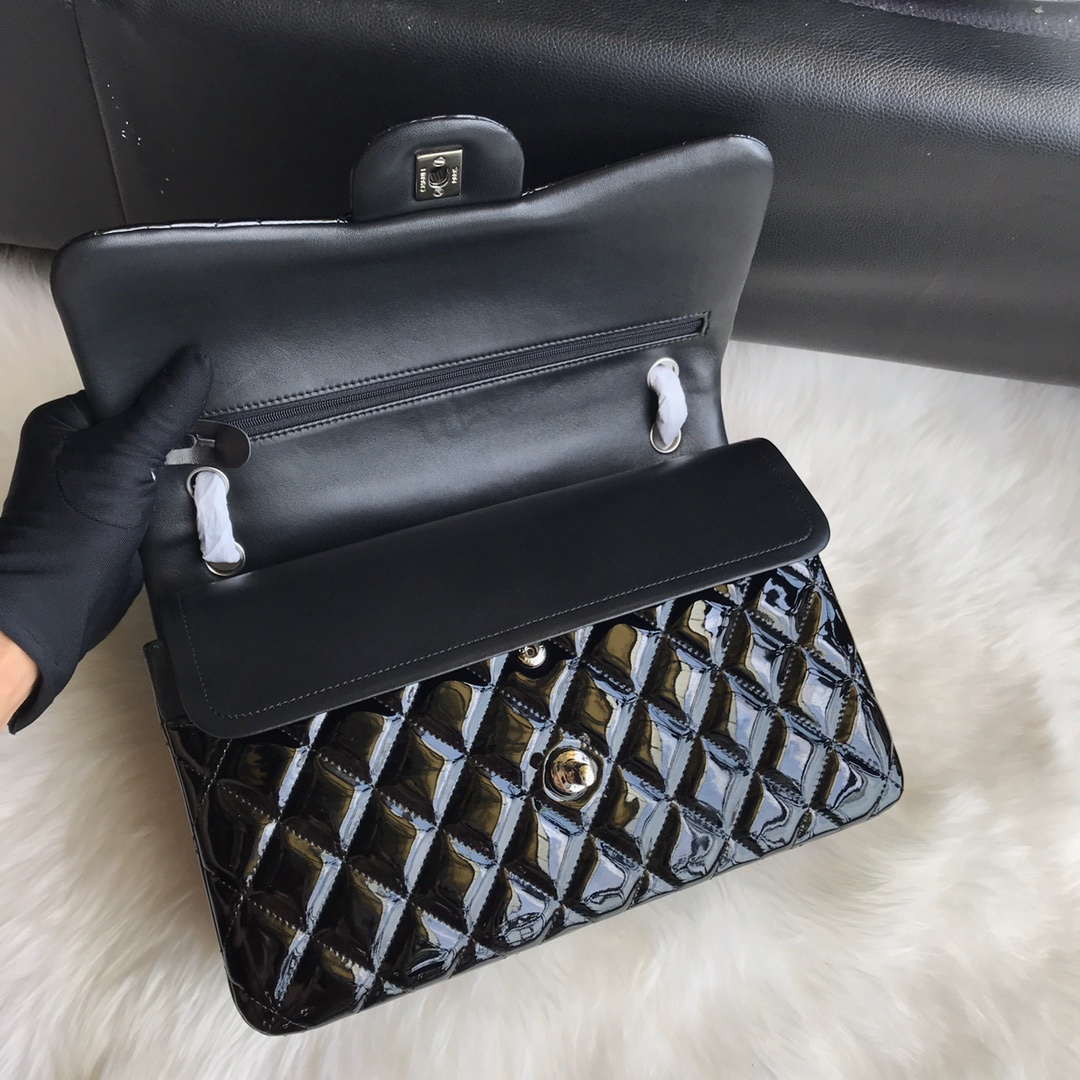 Chanel CF A01113 Jumbo Classic Flap Bag in Black Patent leather Silver - Default Title - View 6