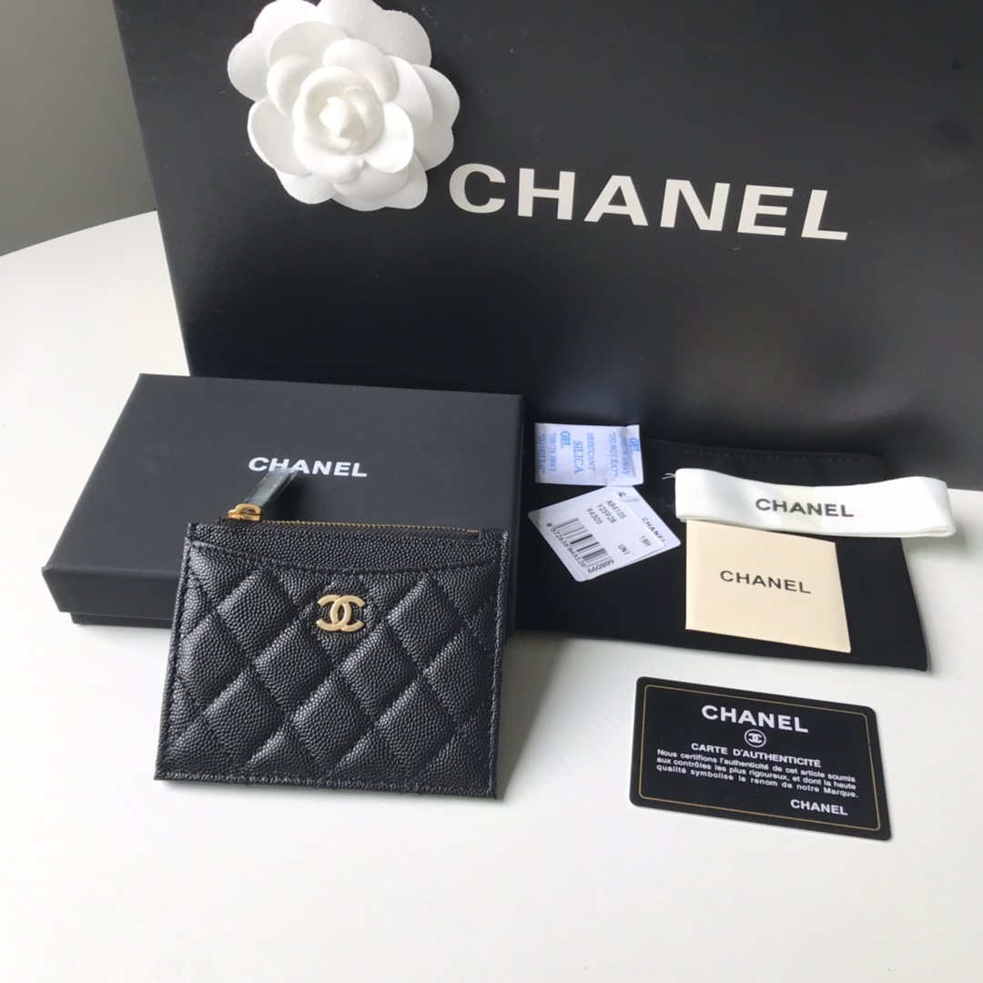 Chanel Classic Card Holder Zipper Grained shiny calfskin A31510 Black Gold - Default Title - View 1