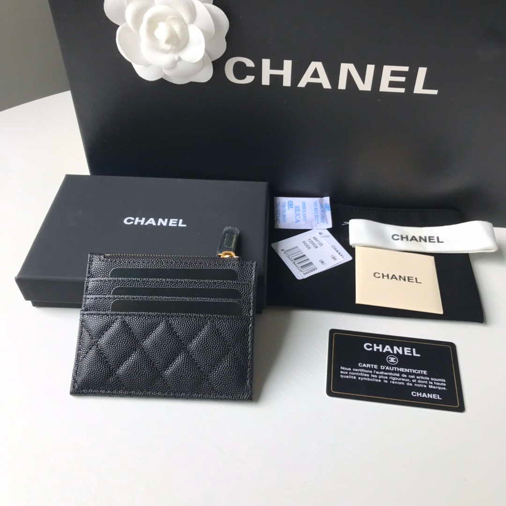 Chanel Classic Card Holder Zipper Grained shiny calfskin A31510 Black Gold