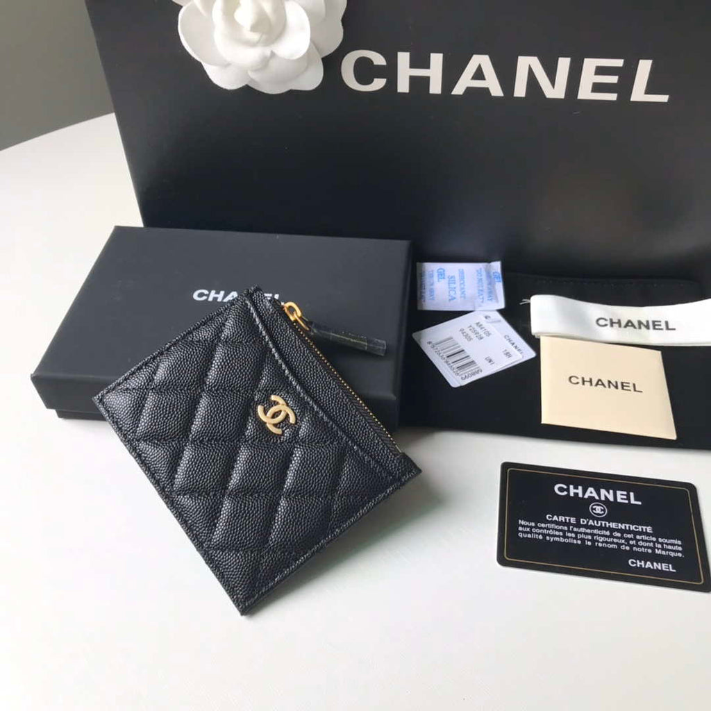 Chanel Classic Card Holder Zipper Grained shiny calfskin A31510 Black Gold