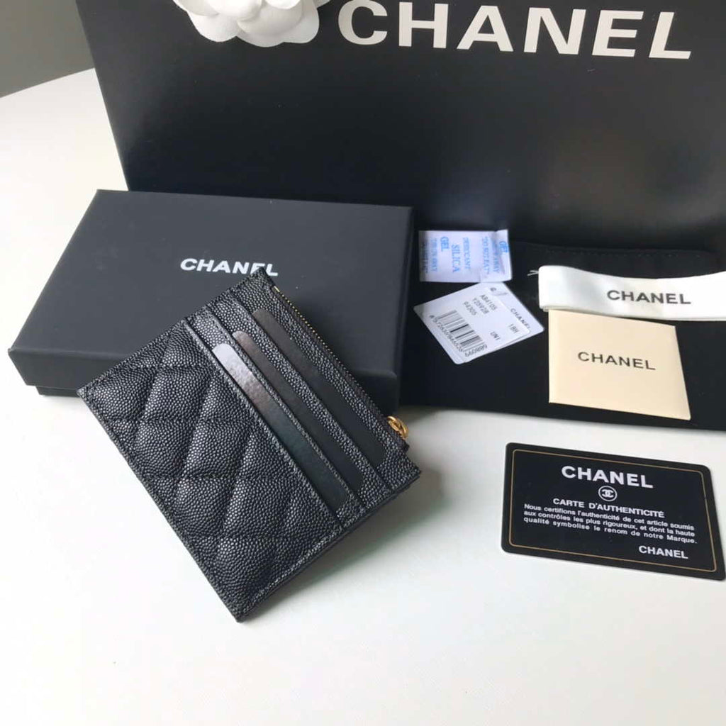 Chanel Classic Card Holder Zipper Grained shiny calfskin A31510 Black Gold