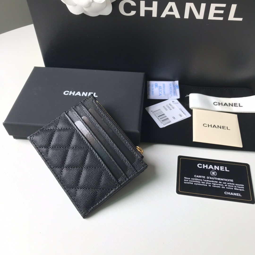 Chanel Classic Card Holder Zipper Grained shiny calfskin A31510 Black Gold