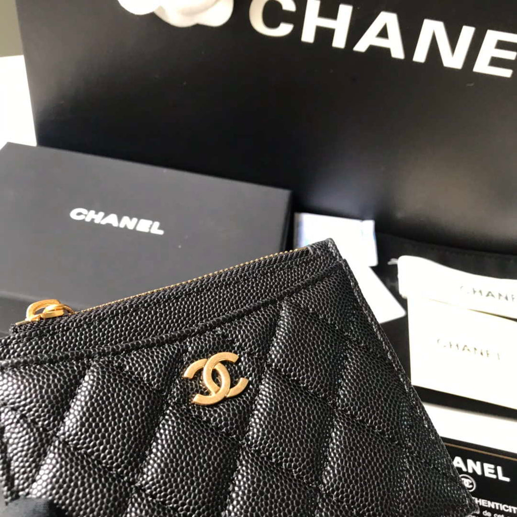 Chanel Classic Card Holder Zipper Grained shiny calfskin A31510 Black Gold