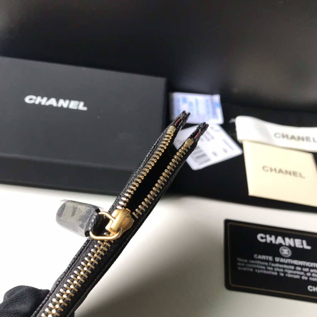 Chanel Classic Card Holder Zipper Grained shiny calfskin A31510 Black Gold