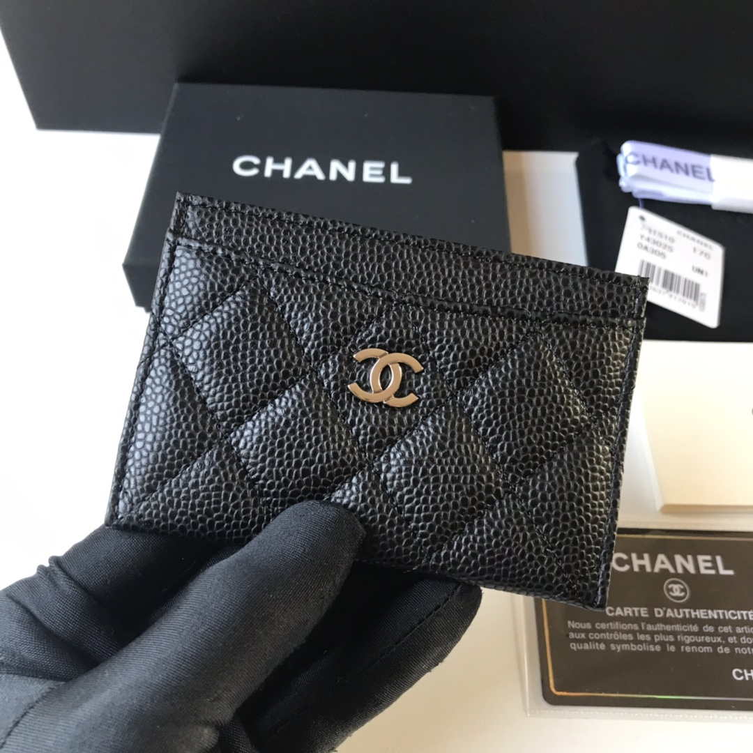Chanel Classic Card Holder Zipper Grained shiny calfskin A31510 Black Silver
