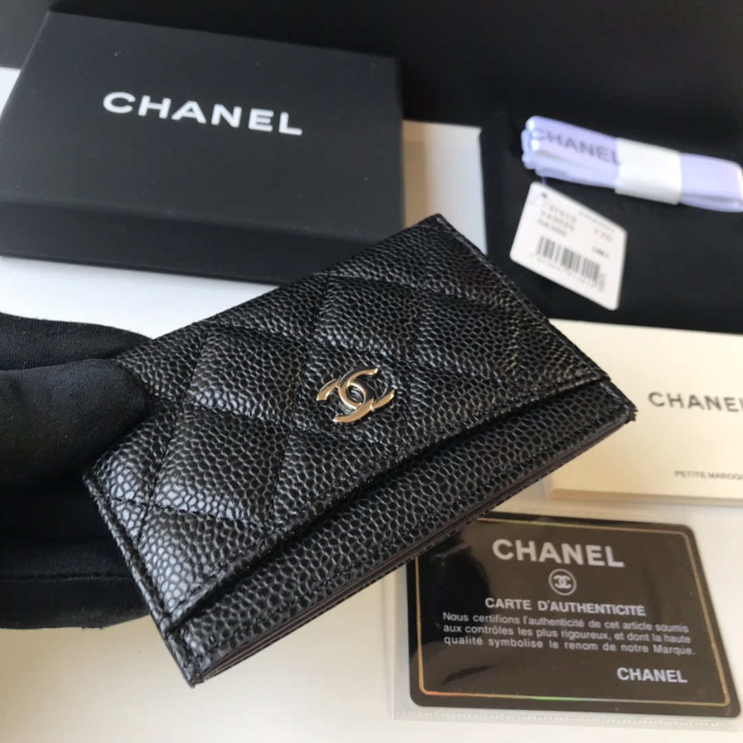 Chanel Classic Card Holder Zipper Grained shiny calfskin A31510 Black Silver