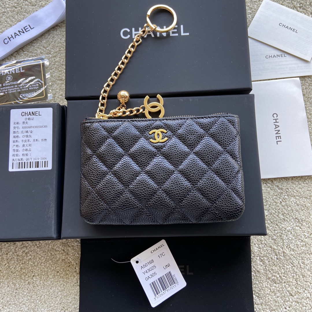 Chanel Classic Card Holder Zipper Grained shiny Calfskin A50168 Black Gold - Default Title - View 1