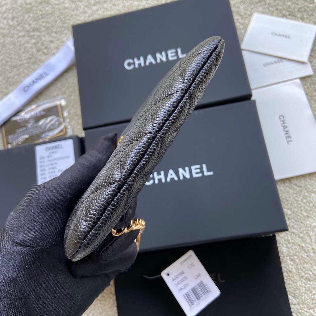 Chanel Classic Card Holder Zipper Grained shiny Calfskin A50168 Black Gold