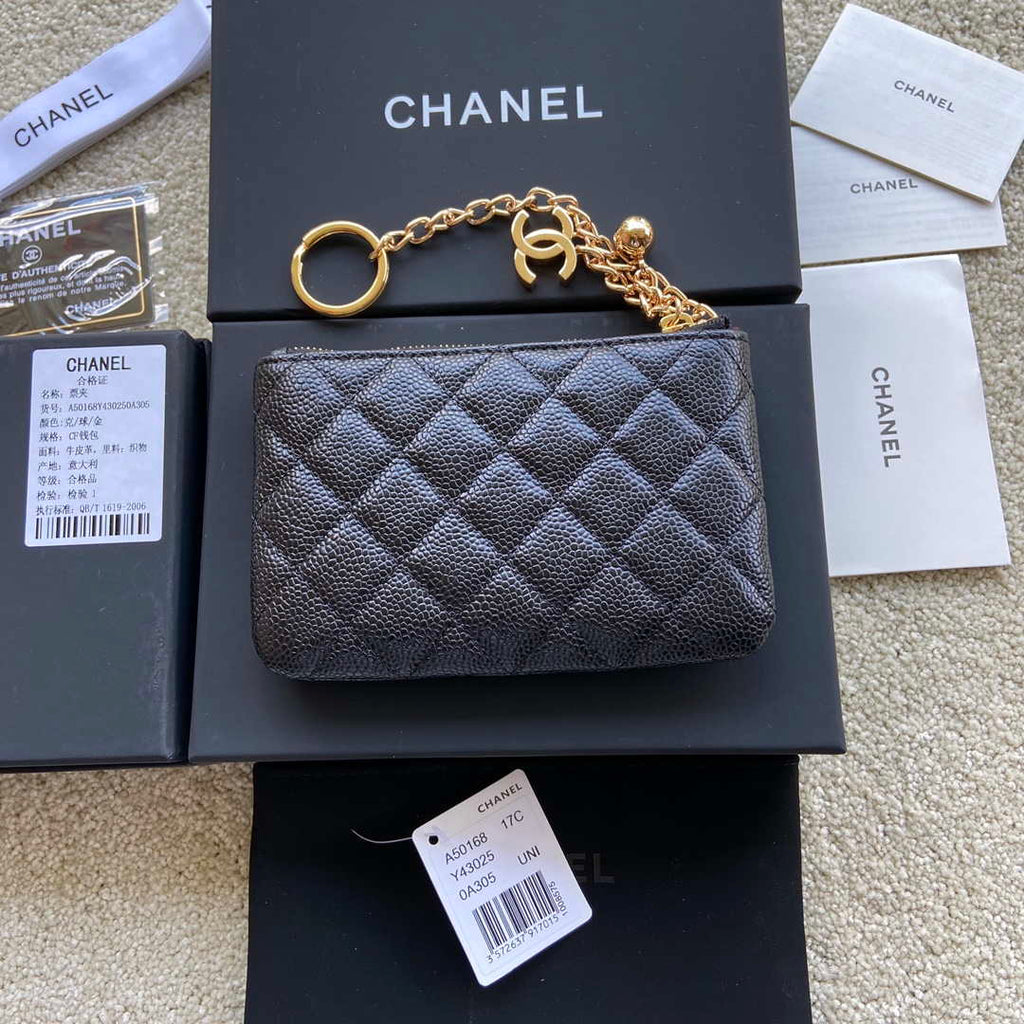 Chanel Classic Card Holder Zipper Grained shiny Calfskin A50168 Black Gold