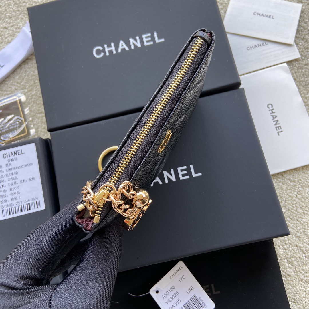 Chanel Classic Card Holder Zipper Grained shiny Calfskin A50168 Black Gold