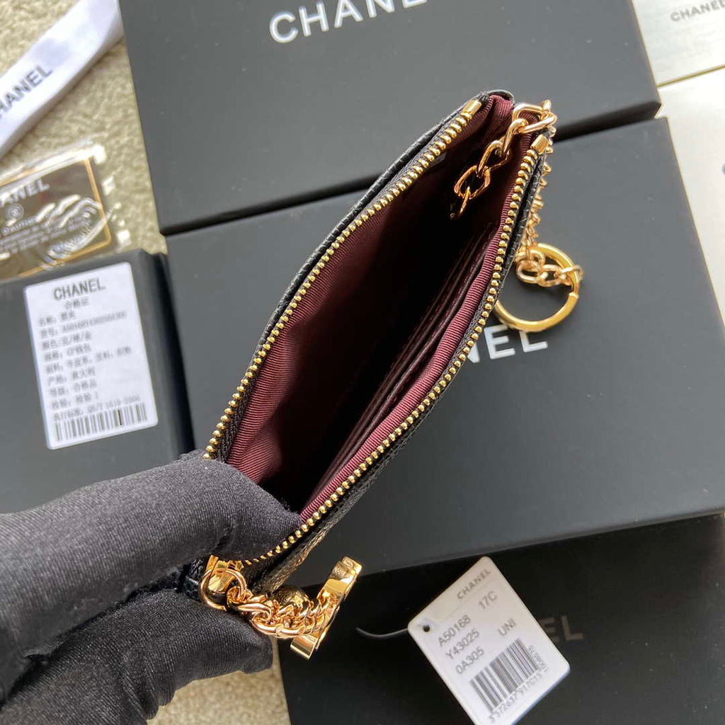 Chanel Classic Card Holder Zipper Grained shiny Calfskin A50168 Black Gold