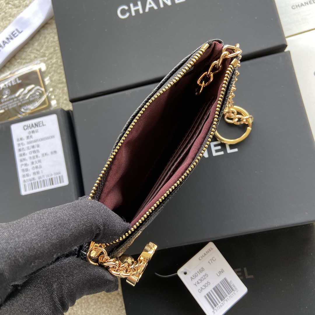 Chanel Classic Card Holder Zipper Grained shiny Calfskin A50168 Black Gold