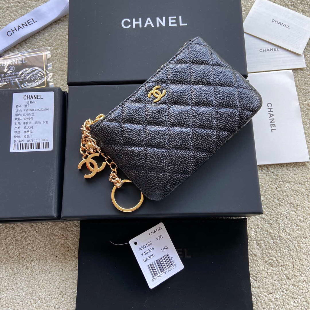 Chanel Classic Card Holder Zipper Grained shiny Calfskin A50168 Black Gold