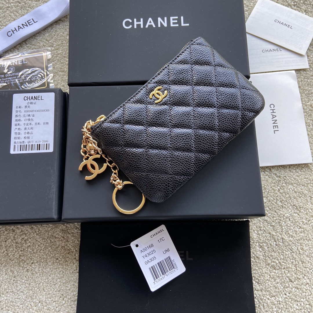 Chanel Classic Card Holder Zipper Grained shiny Calfskin A50168 Black Gold
