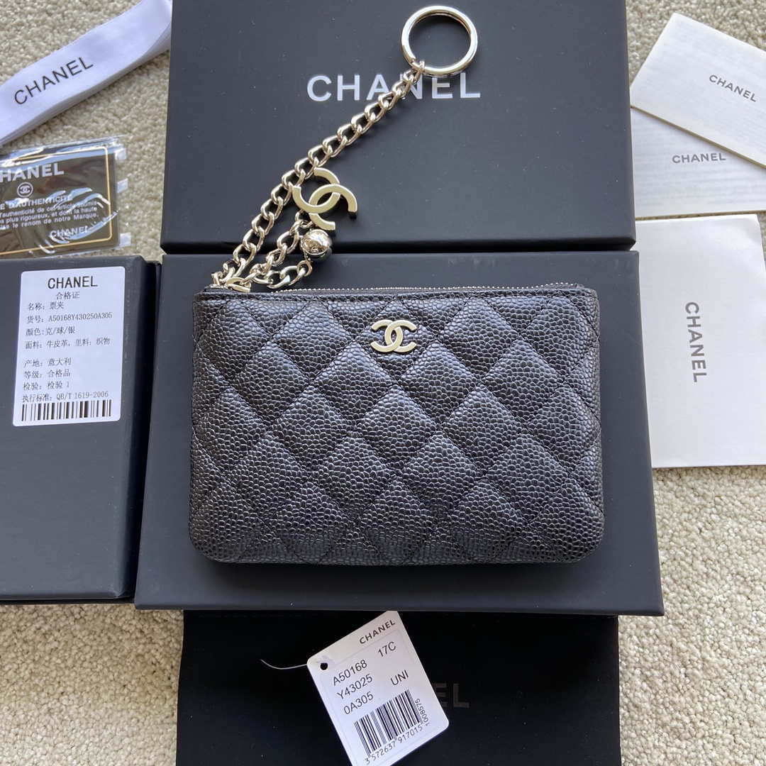 Chanel Classic Card Holder Zipper Grained shiny Calfskin A50168 Black Gold