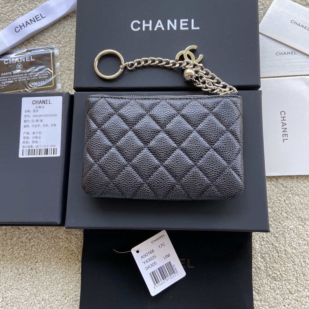 Chanel Classic Card Holder Zipper Grained shiny Calfskin A50168 Black Silver - Default Title - View 3