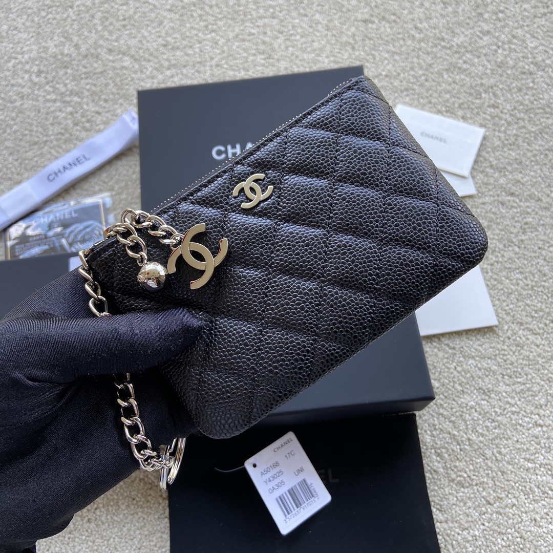 Chanel Classic Card Holder Zipper Grained shiny Calfskin A50168 Black Silver - Default Title - View 5