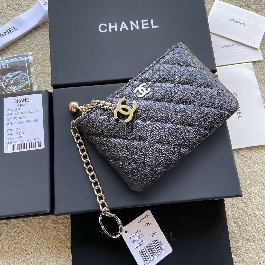 Chanel Classic Card Holder Zipper Grained shiny Calfskin A50168 Black Silver