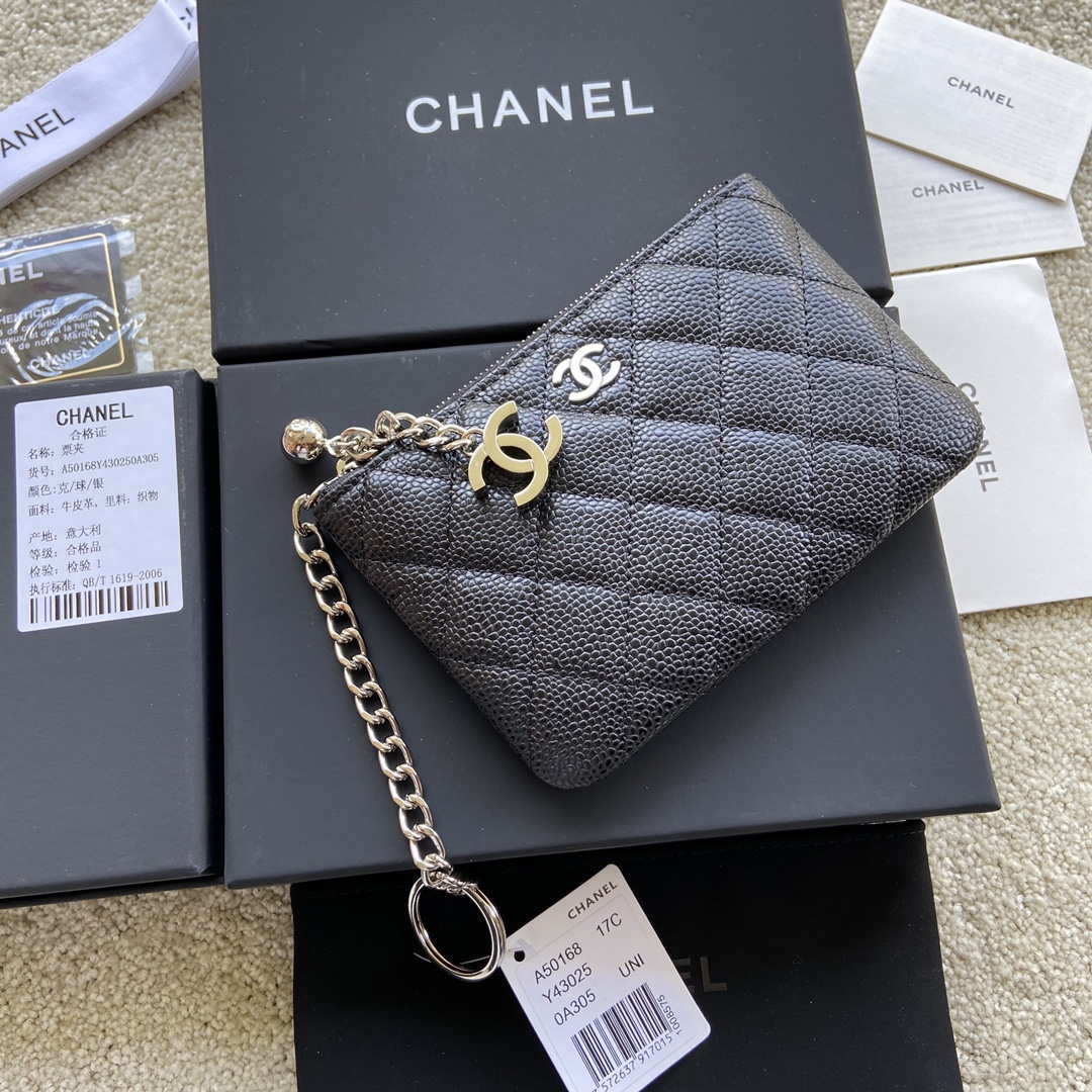 Chanel Classic Card Holder Zipper Grained shiny Calfskin A50168 Black Silver