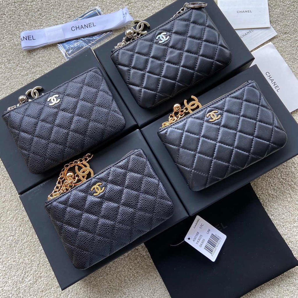 Chanel Classic Card Holder Zipper Lambskin A50168 Black Silver