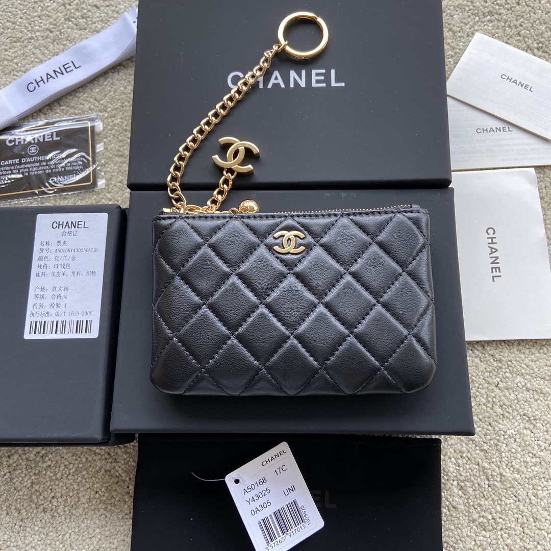 Chanel Classic Card Holder Zipper Lambskin A50168 Black Gold