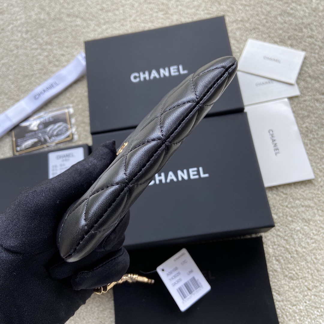Chanel Classic Card Holder Zipper Lambskin A50168 Black Gold