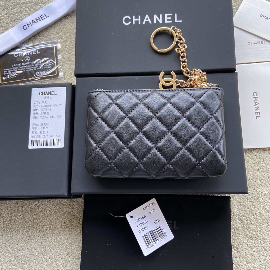 Chanel Classic Card Holder Zipper Lambskin A50168 Black Gold - Default Title - View 4