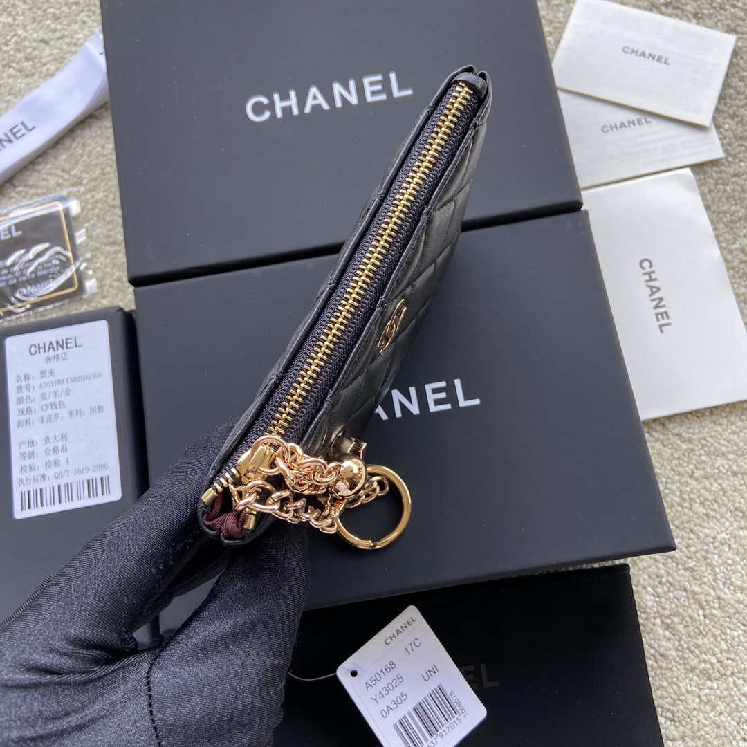 Chanel Classic Card Holder Zipper Lambskin A50168 Black Gold