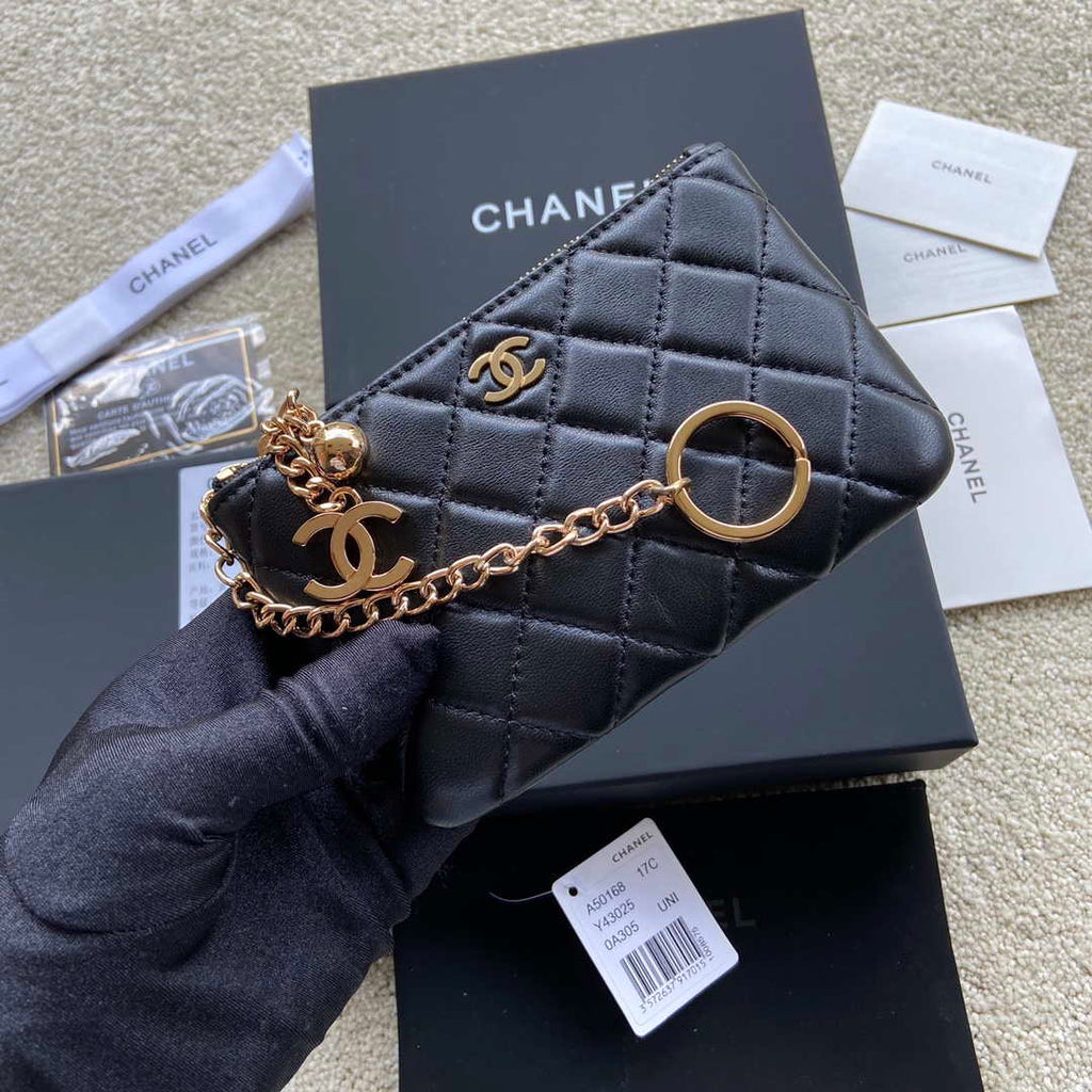 Chanel Classic Card Holder Zipper Lambskin A50168 Black Gold