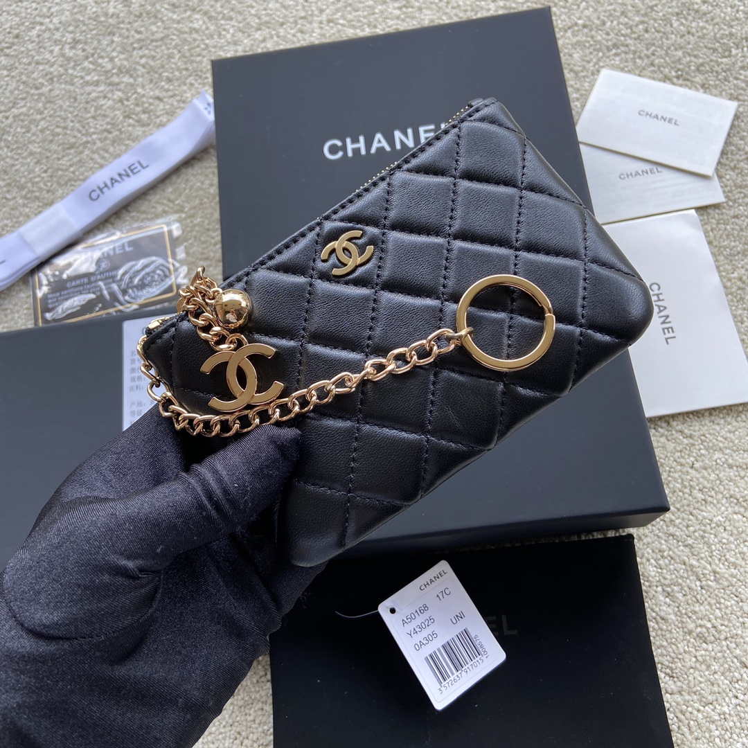 Chanel Classic Card Holder Zipper Lambskin A50168 Black Gold - Default Title - View 6