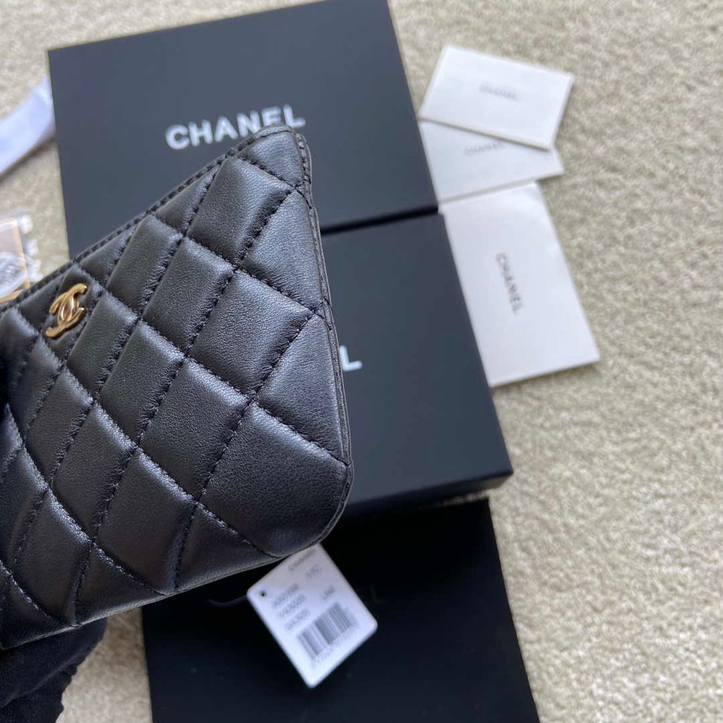 Chanel Classic Card Holder Zipper Lambskin A50168 Black Gold