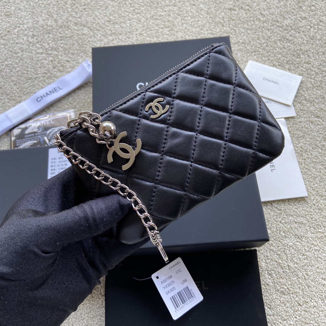 Chanel Classic Card Holder Zipper Lambskin A50168 Black Silver - Default Title - View 5