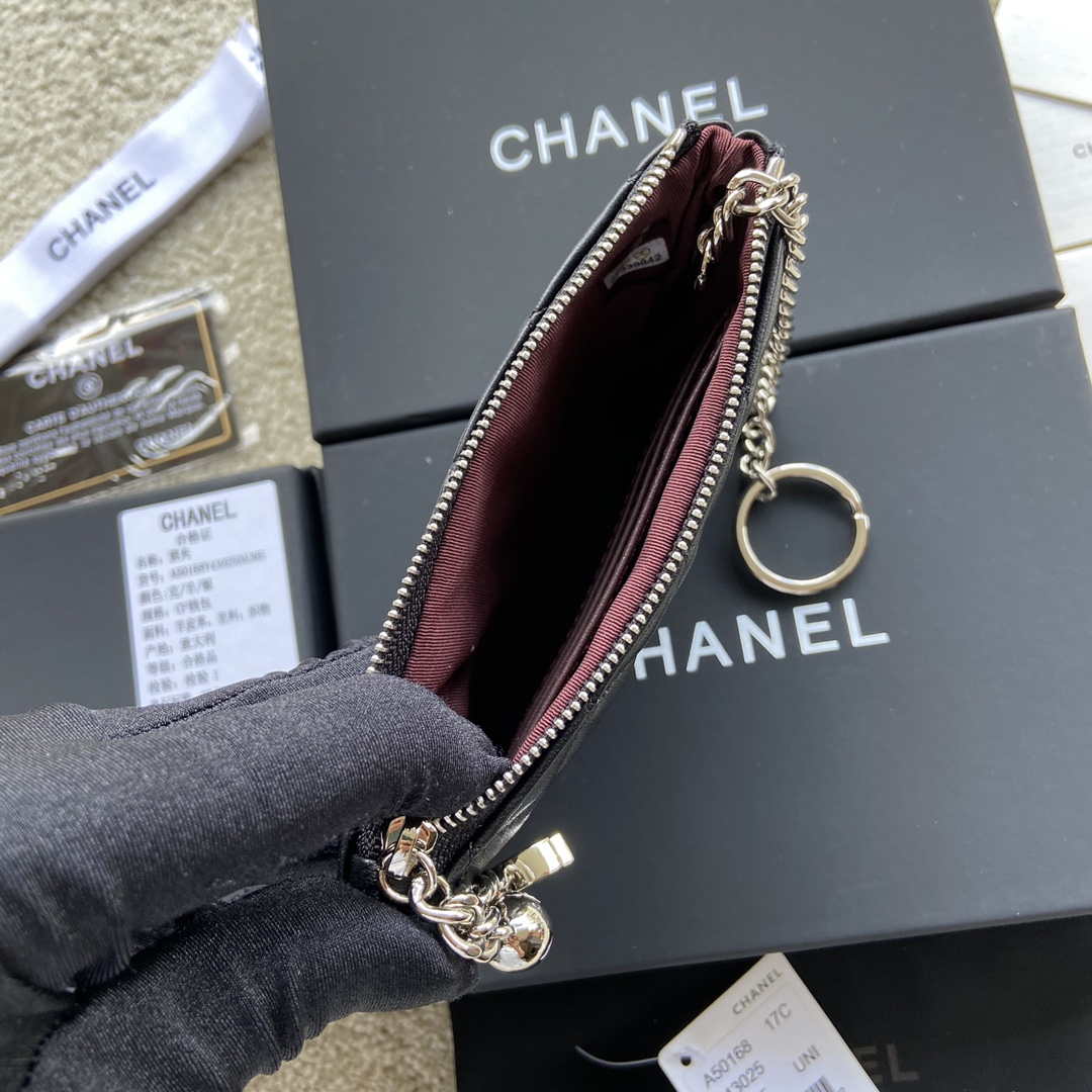 Chanel Classic Card Holder Zipper Lambskin A50168 Black Silver - Default Title - View 7