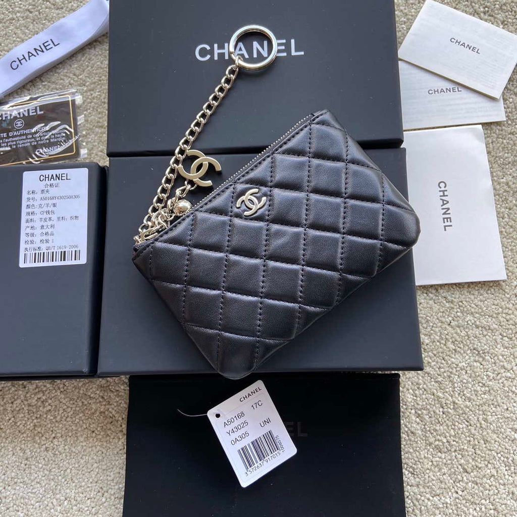 Chanel Classic Card Holder Zipper Lambskin A50168 Black Silver