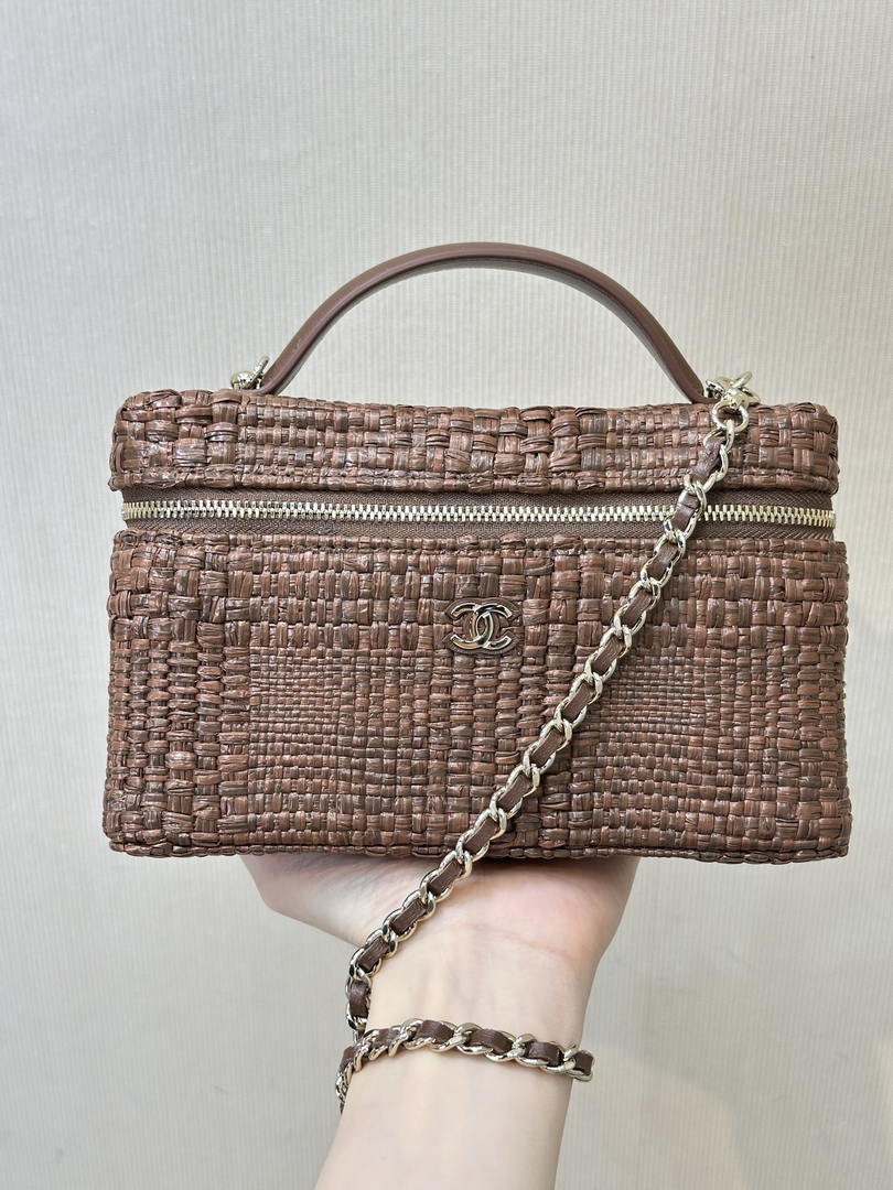 Chanel Classic Vanity with Chain Braided Raffia & Gold-Tone Metal AP4385 Brown