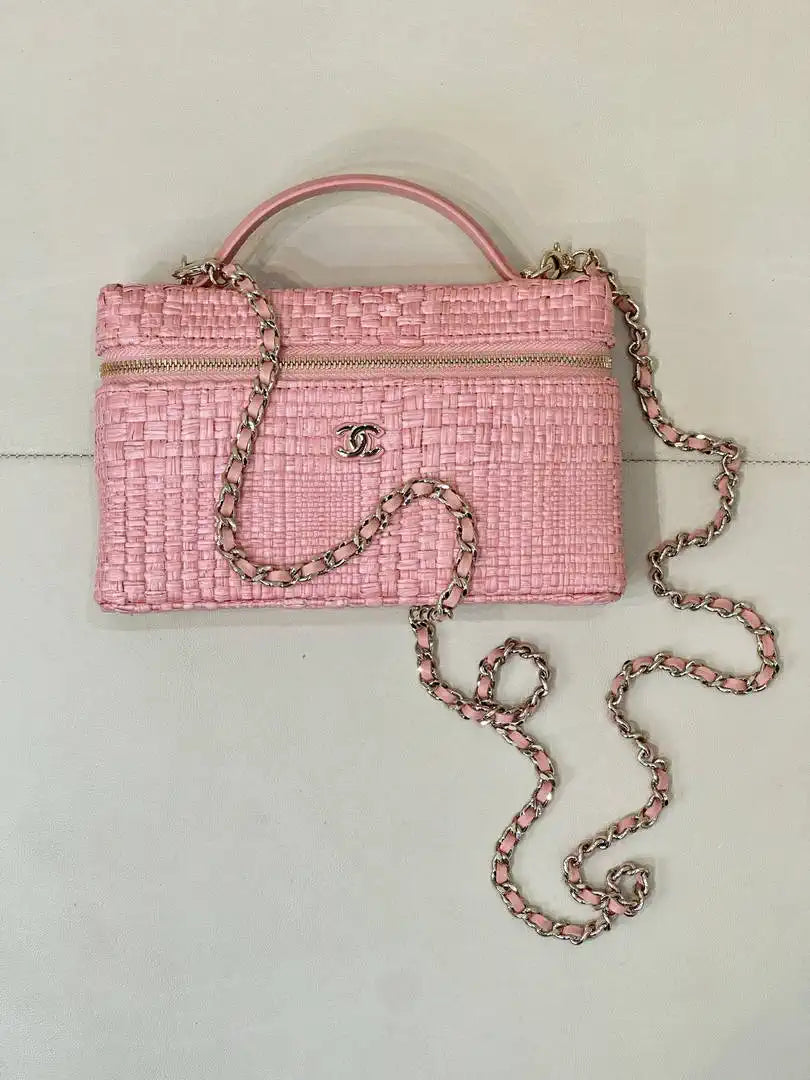 Chanel Classic Vanity with Chain Braided Raffia & Gold-Tone Metal AP4385 Pink - Default Title - View 1