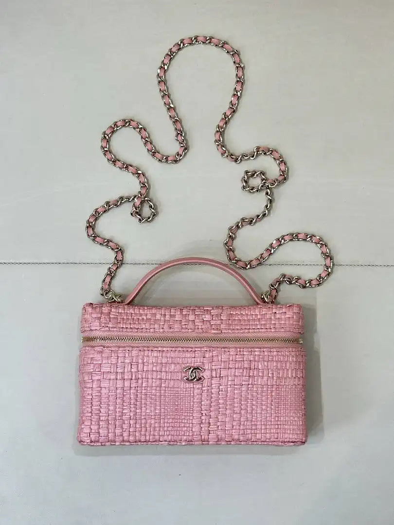 Chanel Classic Vanity with Chain Braided Raffia & Gold-Tone Metal AP4385 Pink - Default Title - View 2