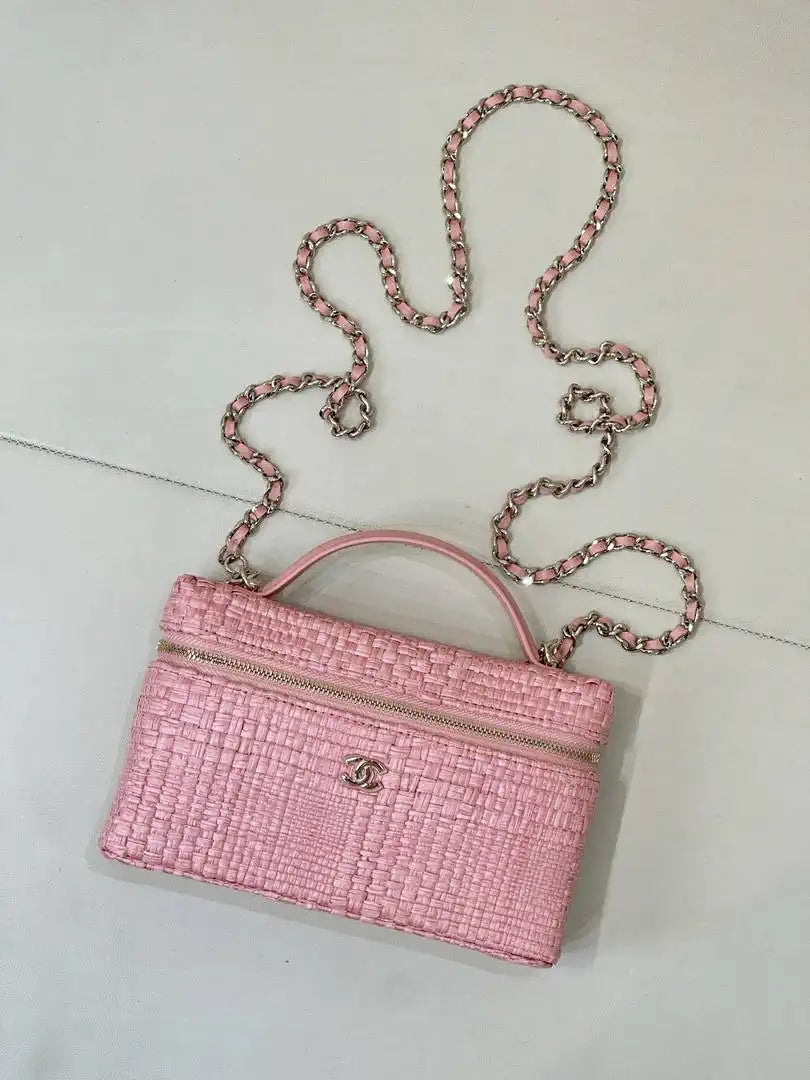 Chanel Classic Vanity with Chain Braided Raffia & Gold-Tone Metal AP4385 Pink - Default Title - View 3