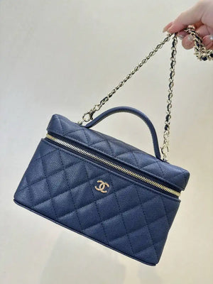 Chanel Classic Vanity with Chain Grained Shiny Calfskin & Gold-Tone Metal AP4385 Navy Blue - Default Title - View 1