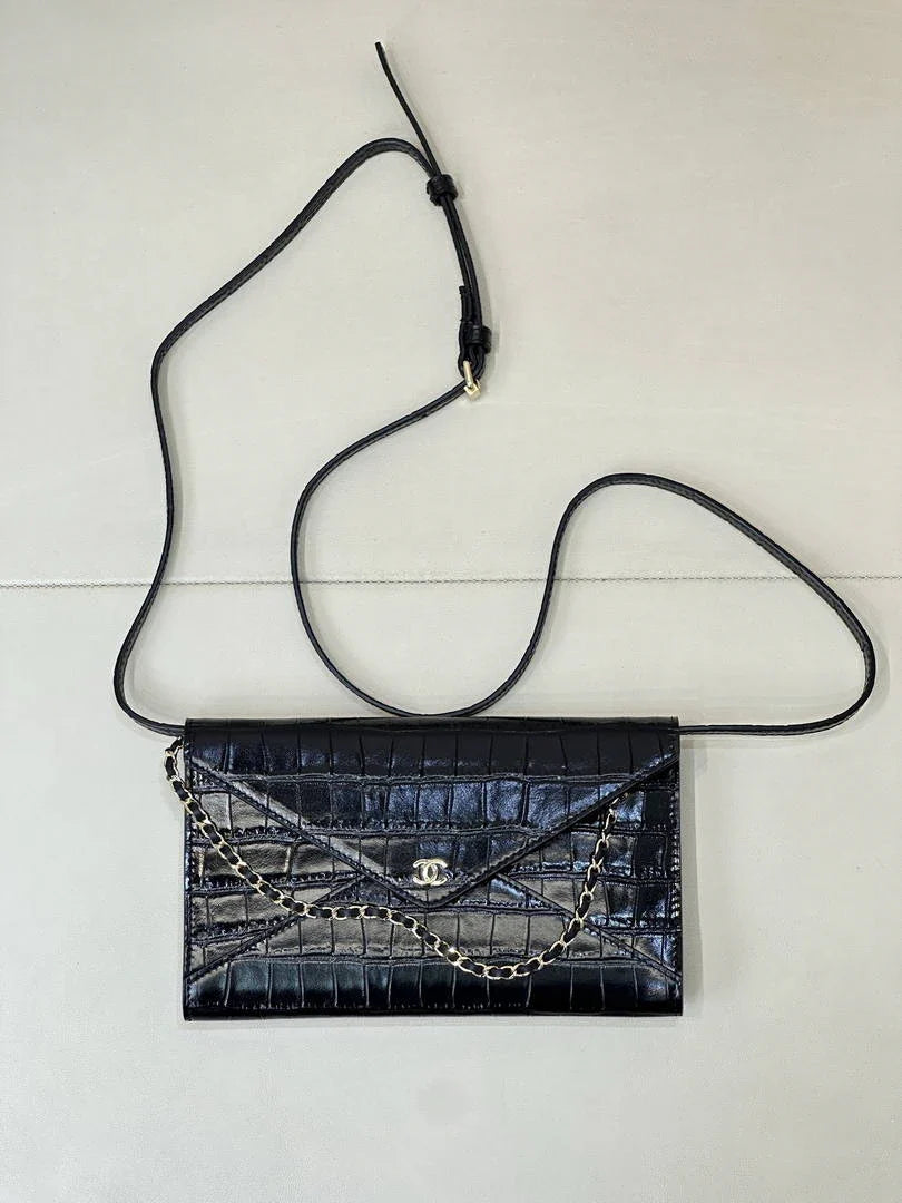 Chanel Clutch with Chain Crocodile Embossed Calfskin AP5233 Black - Default Title - View 1