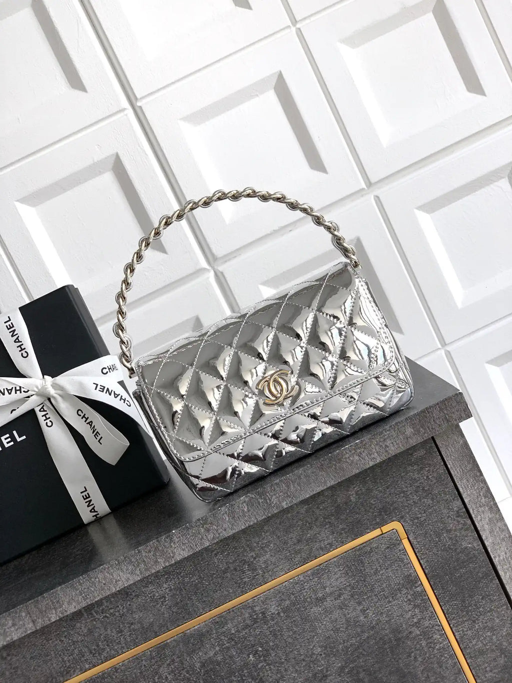 Chanel Evening with Handle Bag Patent leather AS6675 Silver