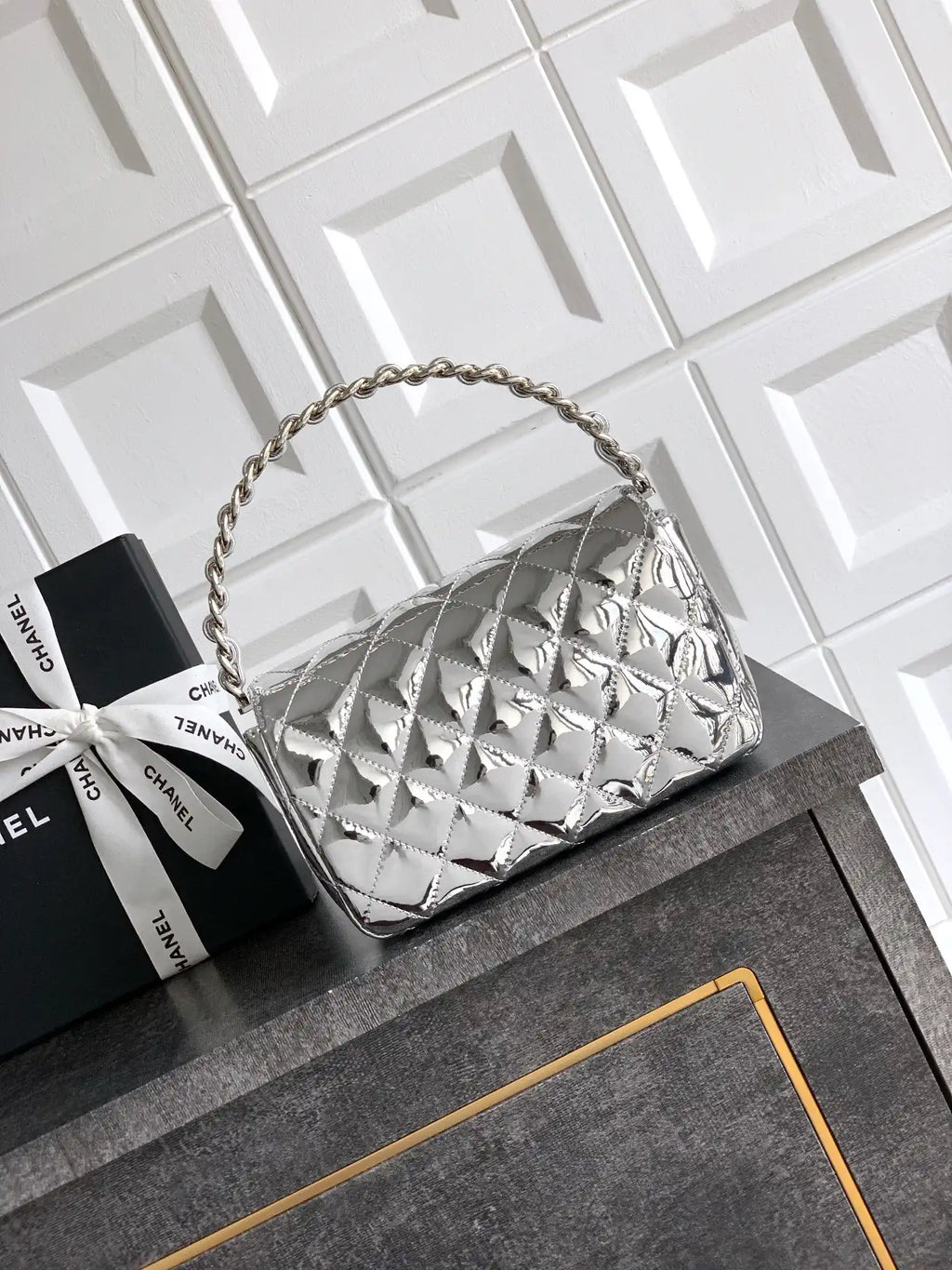 Chanel Evening with Handle Bag Patent leather AS6675 Silver