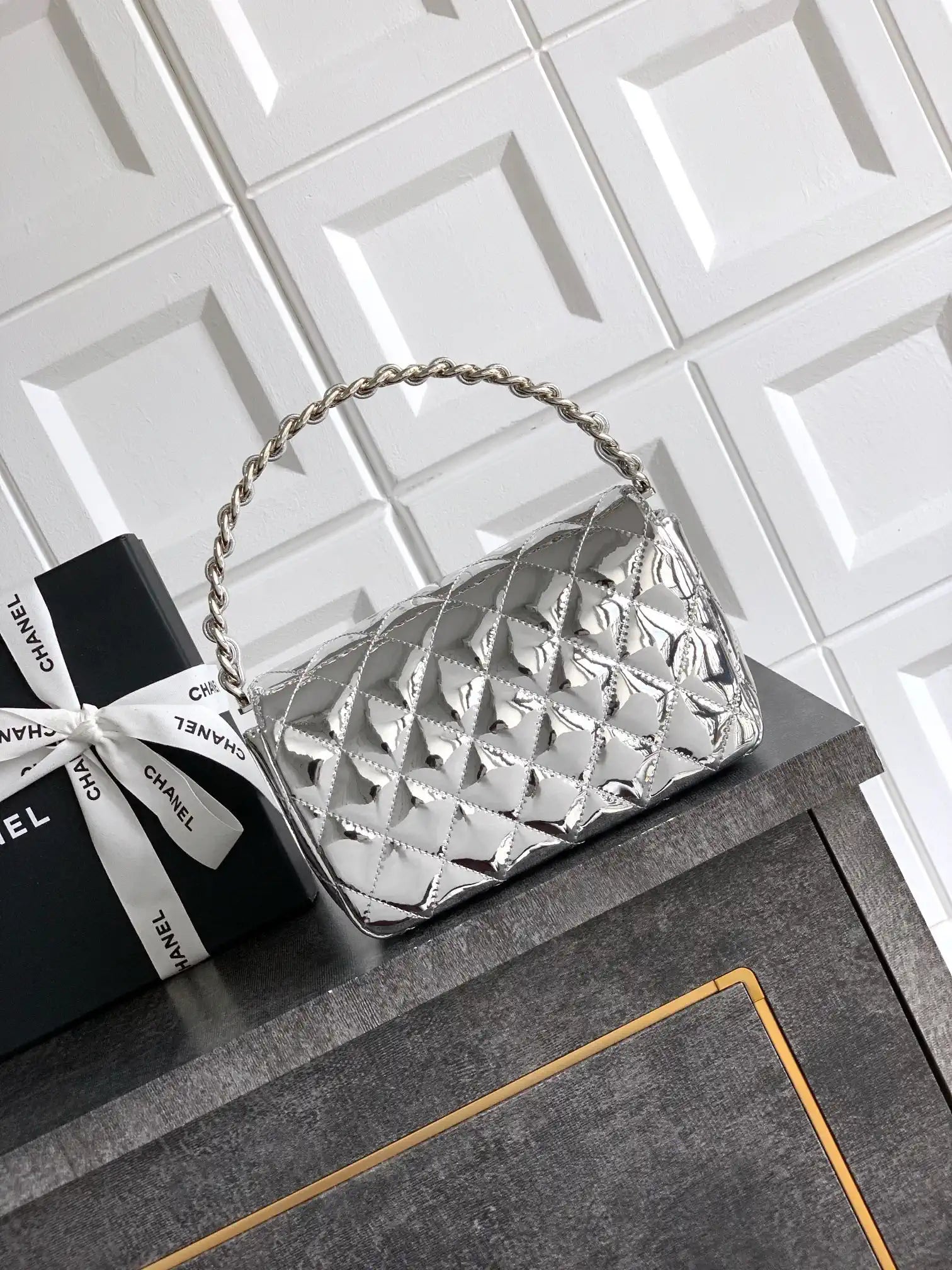 Chanel Evening with Handle Bag Patent leather AS6675 Silver