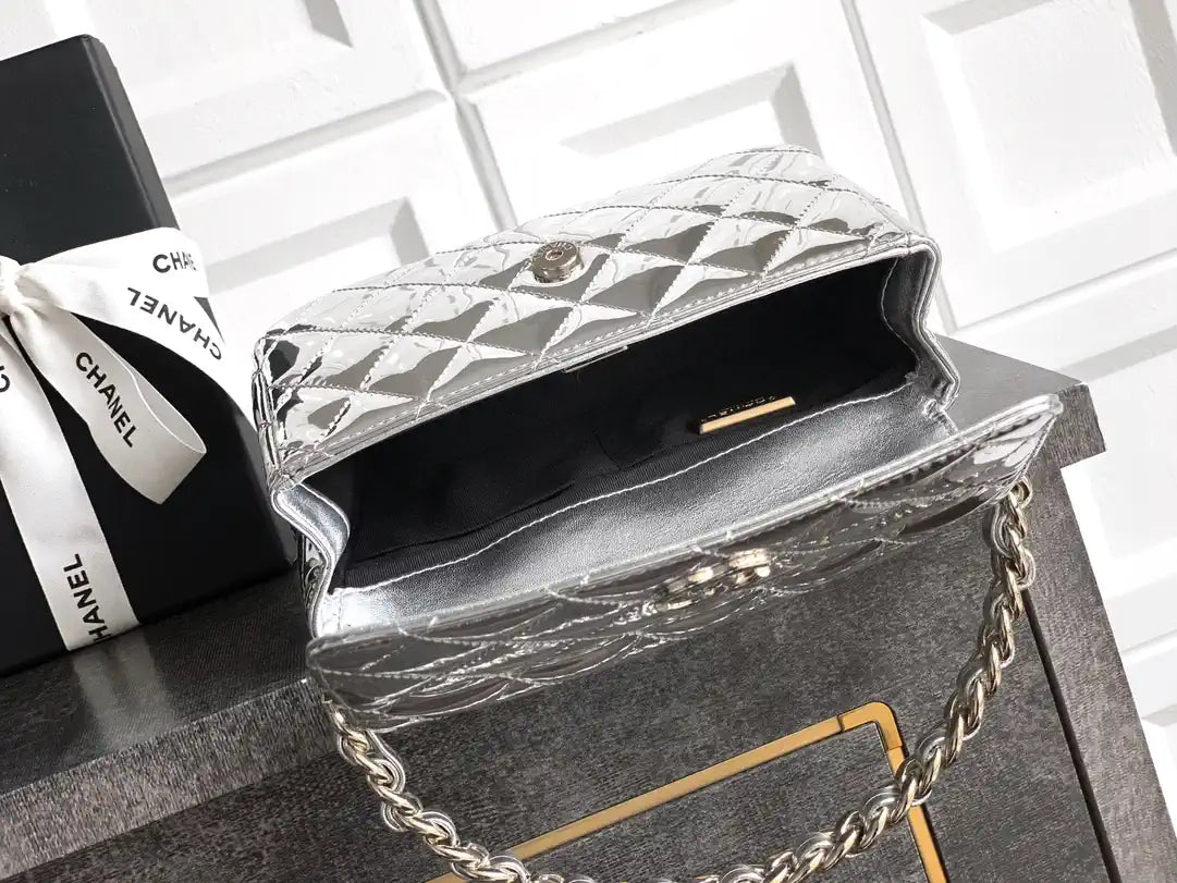 Chanel Evening with Handle Bag Patent leather AS6675 Silver