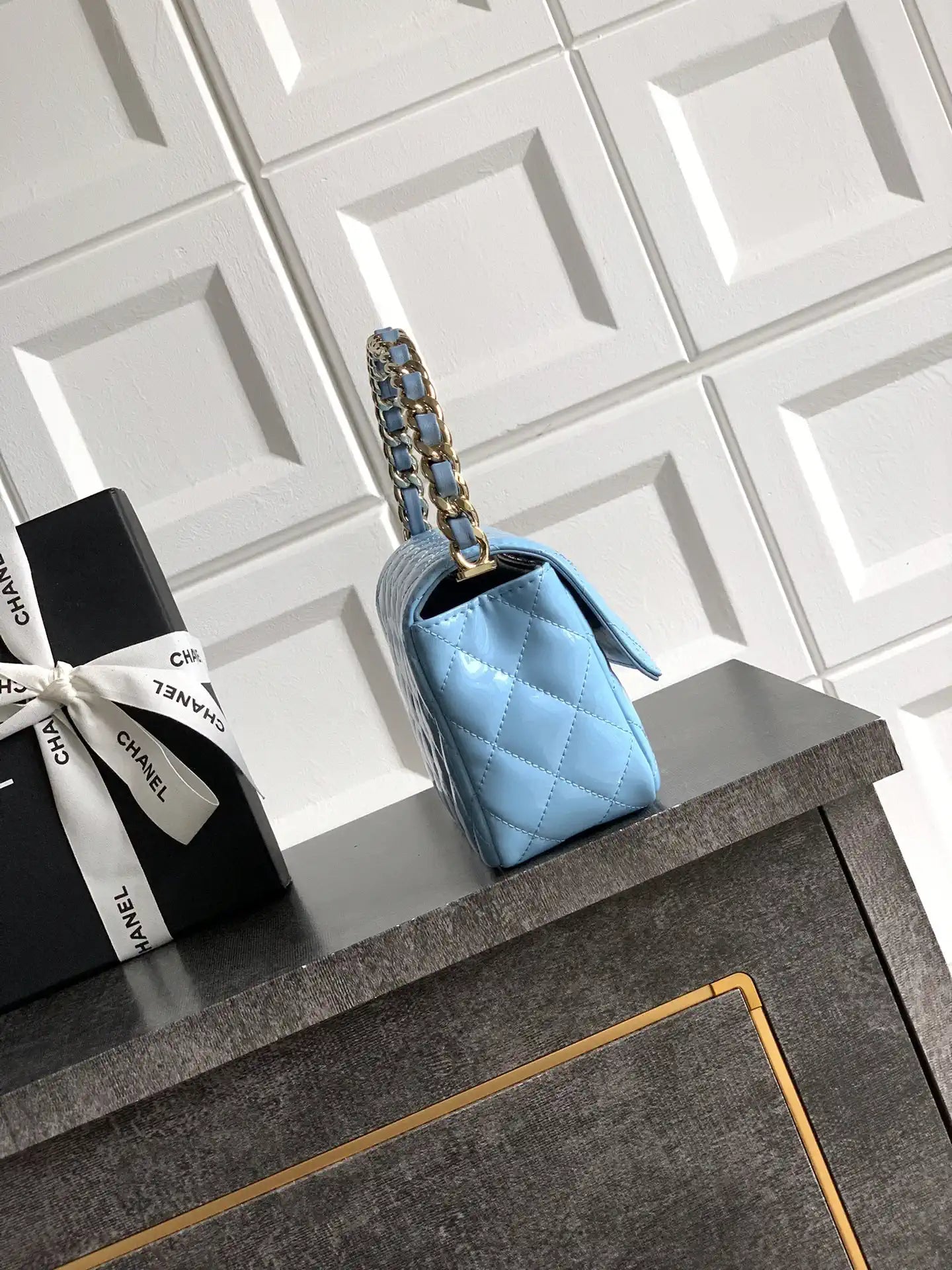Chanel Evening with Handle Bag Patent leather AS6675 Blue